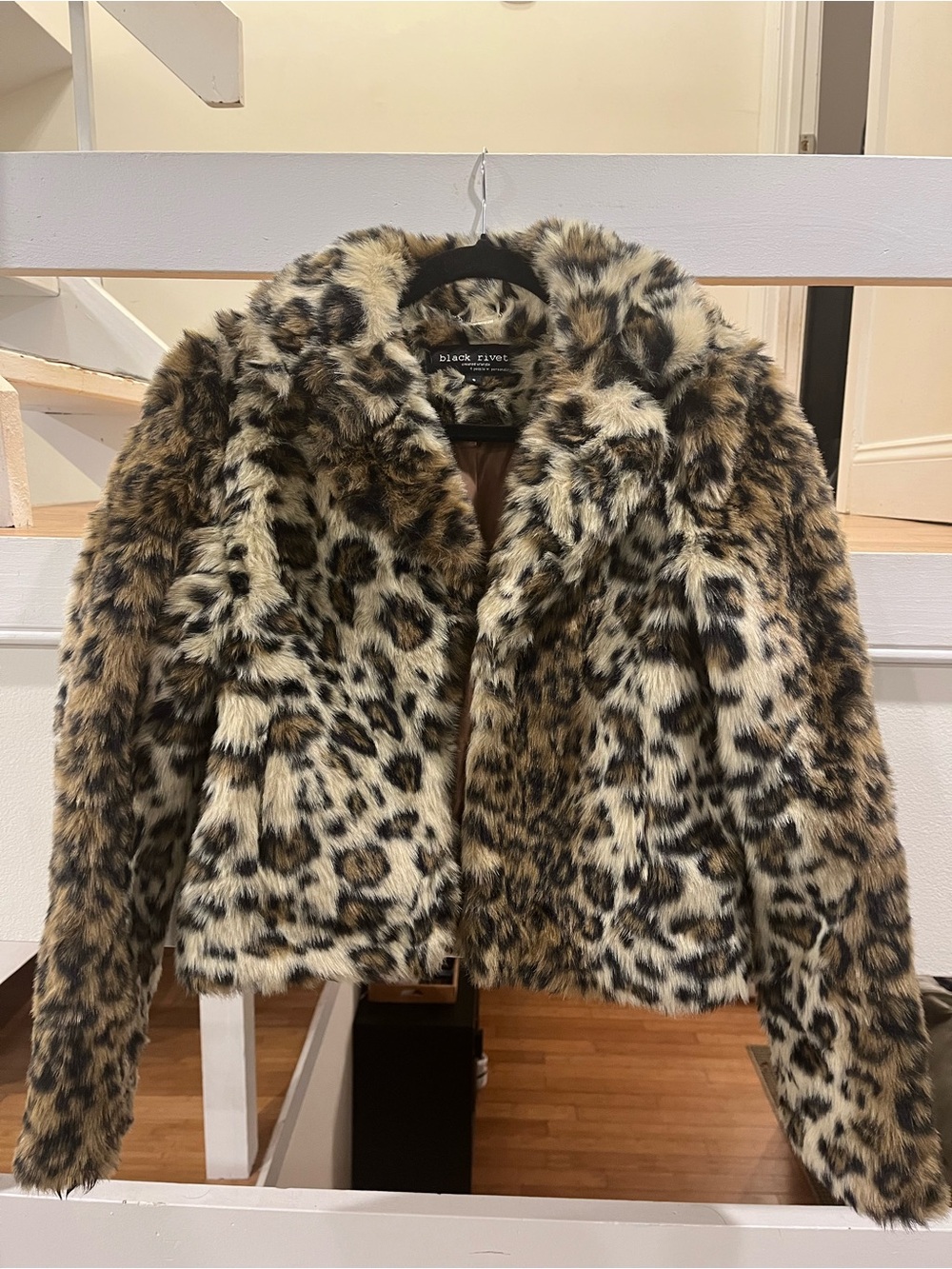 Black Rivet Leopard Print Faux Fur Cropped Jacket